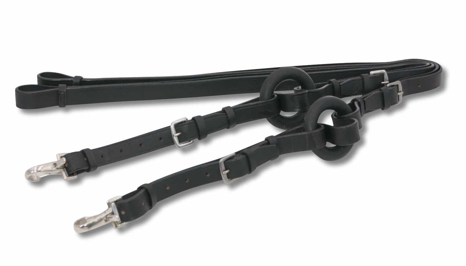 Schwarzes Lederprodukt mit Gummiringen und Schnallen. Mehrere Teile.