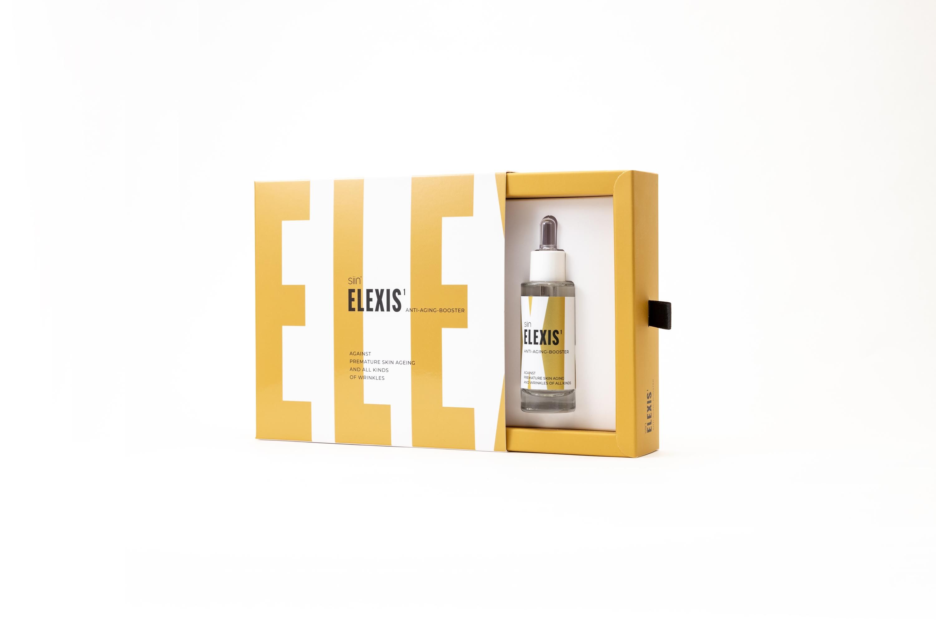 Geöffnete Verpackung mit Flasche. Aufschrift: ELEXIS. Gelbes und weißes Design.