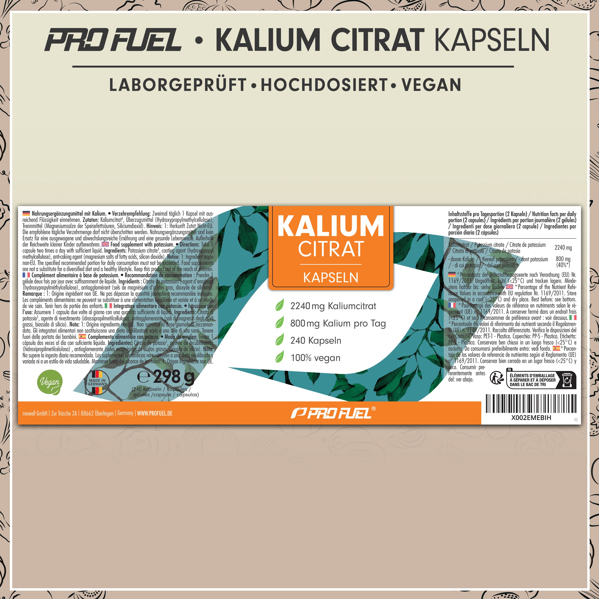 Verpackung von Kalium Citrat Kapseln. Aufschrift: 2240mg Kaliumcitrat, 800mg Kalium pro Tag, 240 Kapseln, 100% vegan. Mit Logo von ProFuel.
