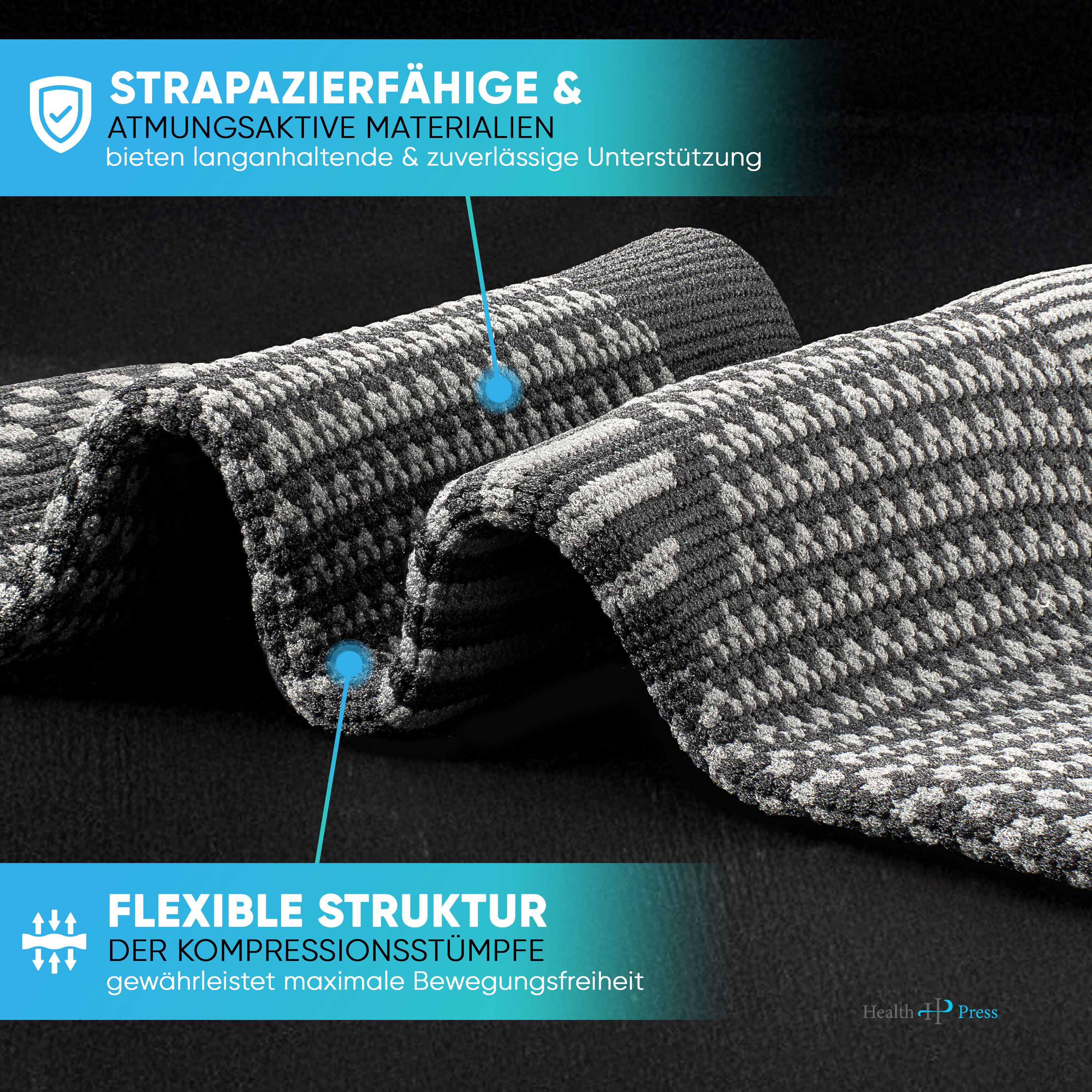 Nahaufnahme der Sprunggelenkbandage. Strapazierfähige & atmungsaktive Materialien. Flexible Struktur. Geometrisches Muster, graue Akzente.