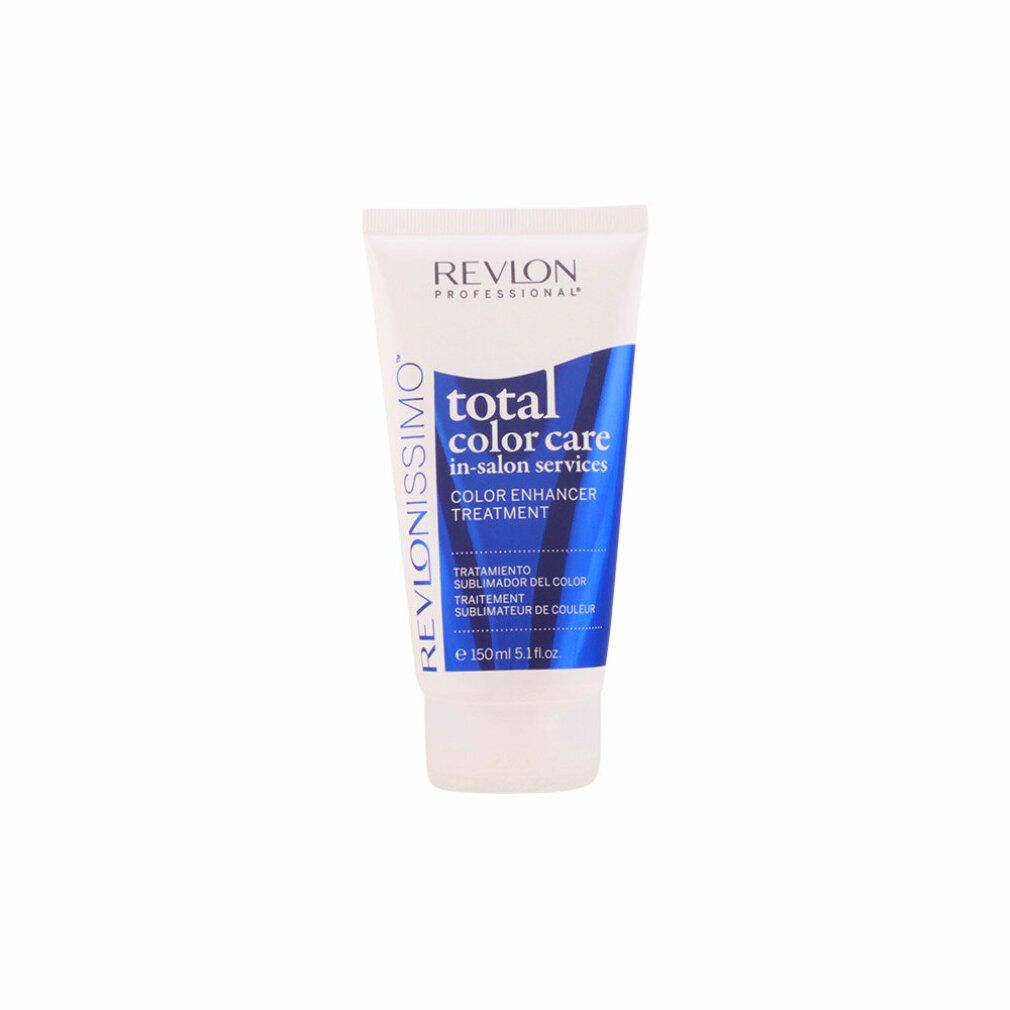 Weiße Tube mit blauer Beschriftung. Aufschrift: Revlonissimo Total Color Care Color Enhancer Treatment. Volumen: 150 ml.