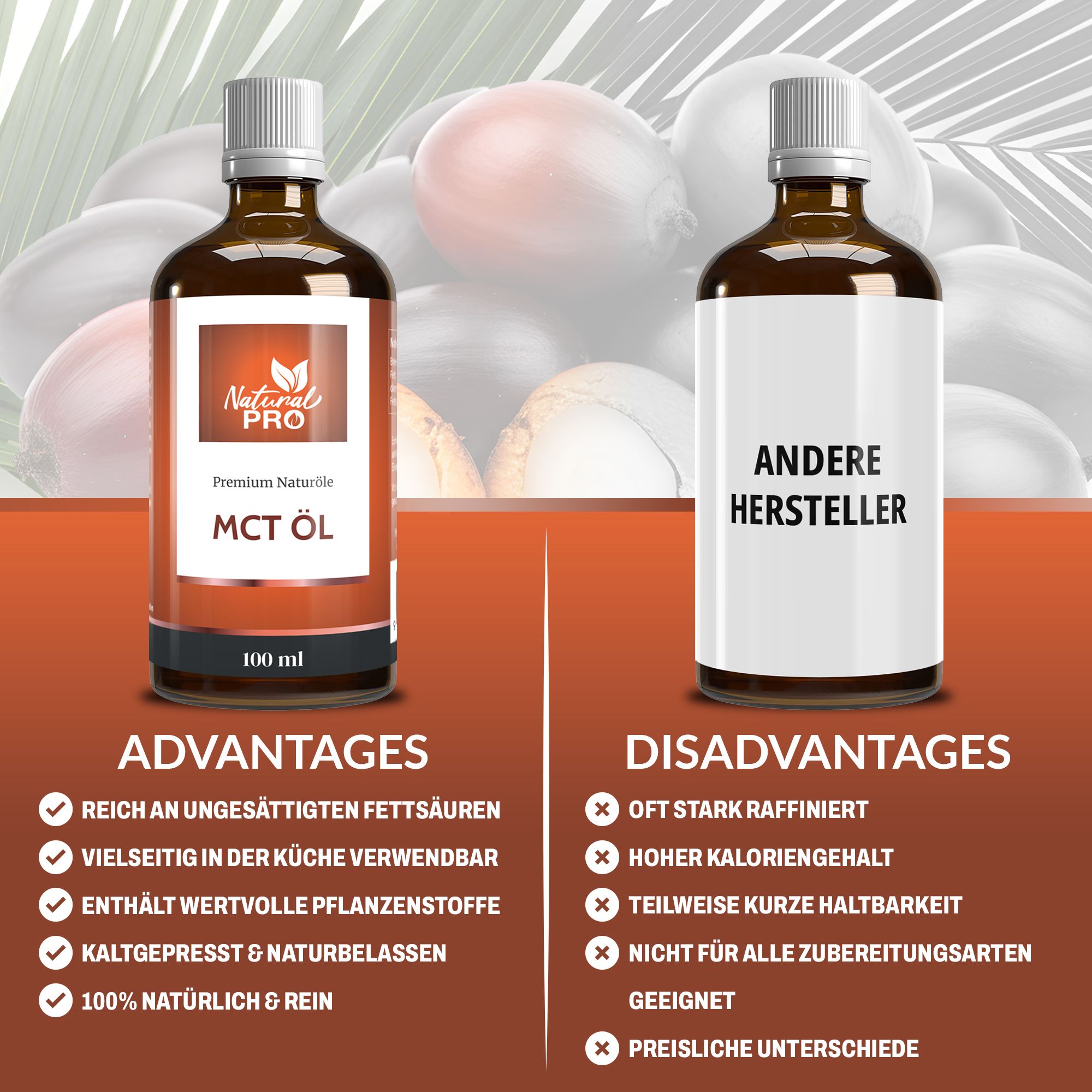 Vergleich von MCT Öl (Natural Pro) und einem anderen Hersteller. Vorteile und Nachteile werden aufgelistet.
