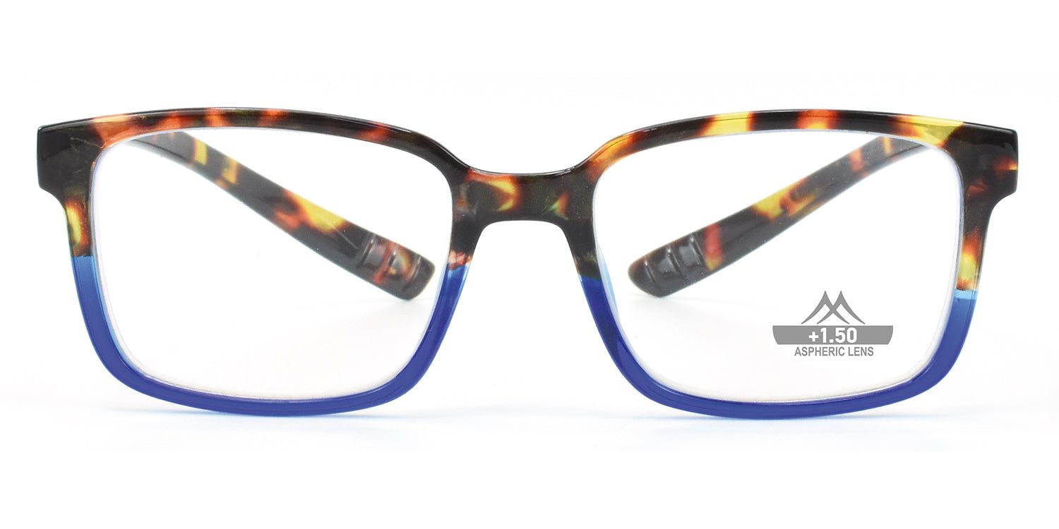 Brille mit blauem Rahmen und braun-gelbem Muster. Auf dem Glas steht "+1.50 ASPHERIC LENS".