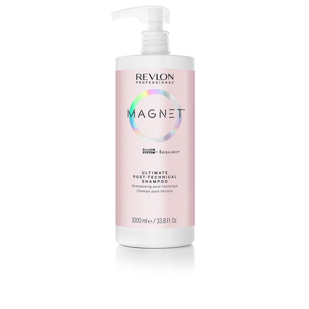 Shampoo-Flasche mit Pumpe, rosa Etikett mit "MAGNET" und "REVLON PROFESSIONAL". Text: "Ultimate Post-Technical Shampoo".
