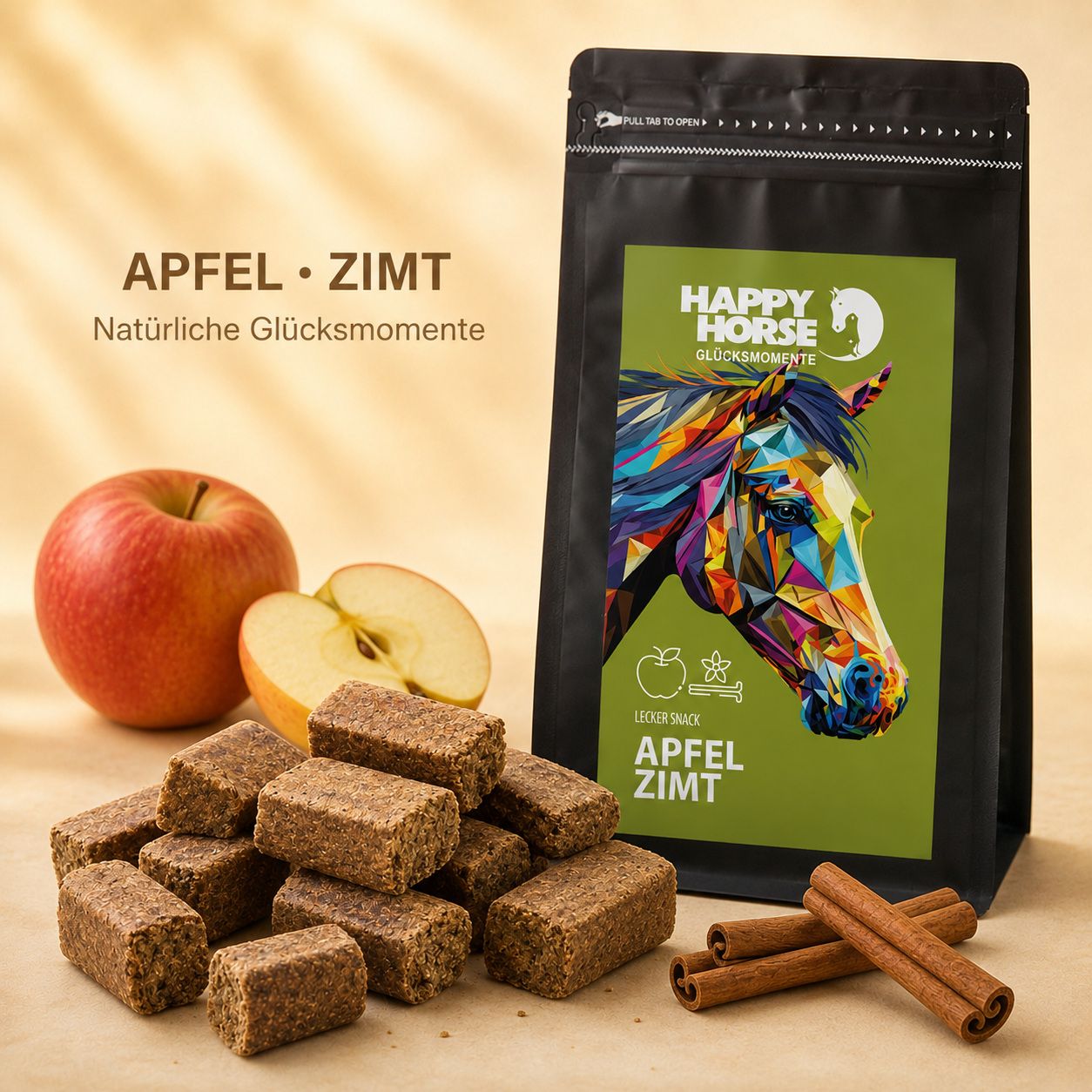 Happy Horse Lecker Snack Apfel Zimt: Verpackung, Äpfel, Zimtstangen und viele kleine Snacks auf Holzoberfläche.