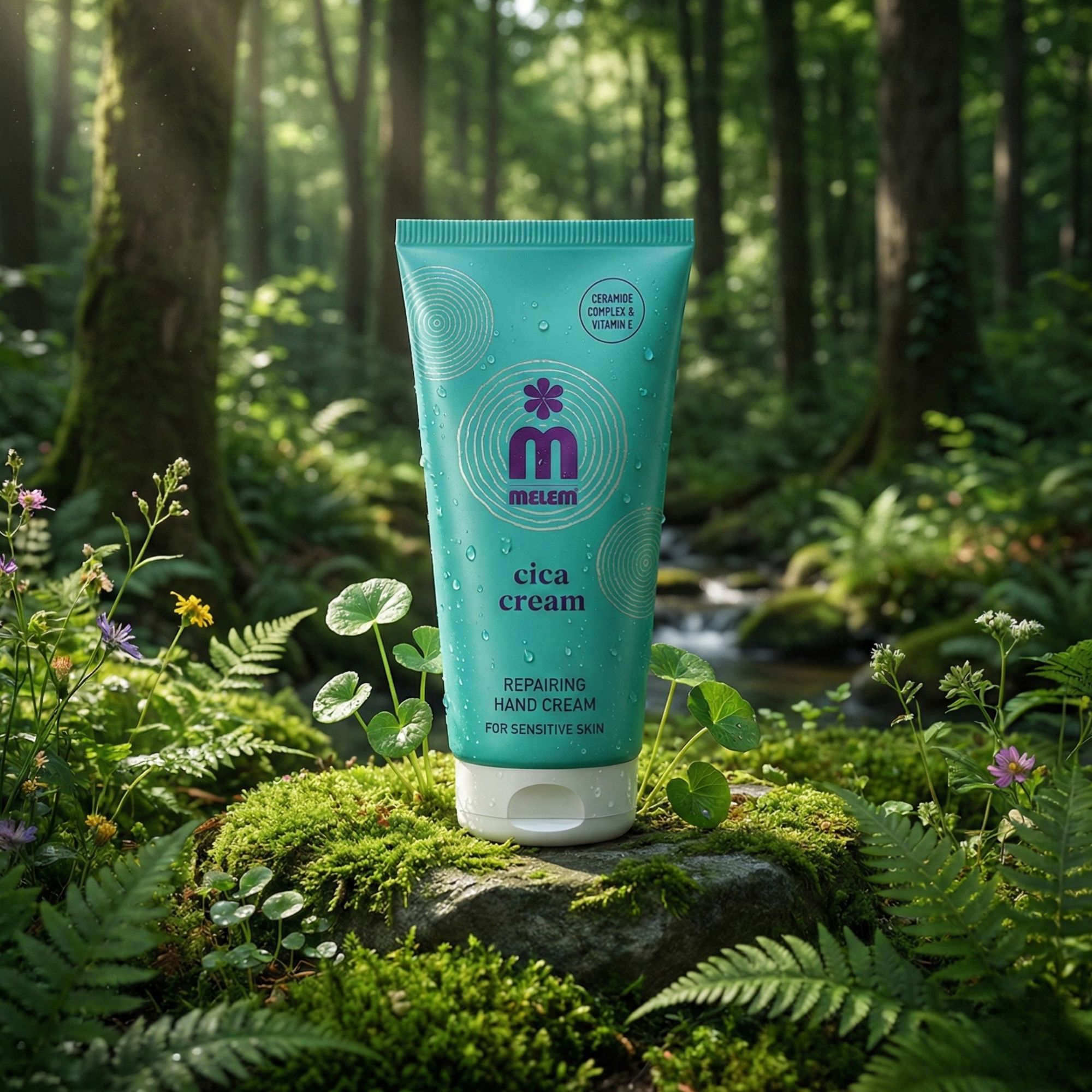 Türkis Tube mit Produktaufdruck. Aufschrift: Melem Cica Cream, Repairing Hand Cream. Im Hintergrund: Waldlandschaft.