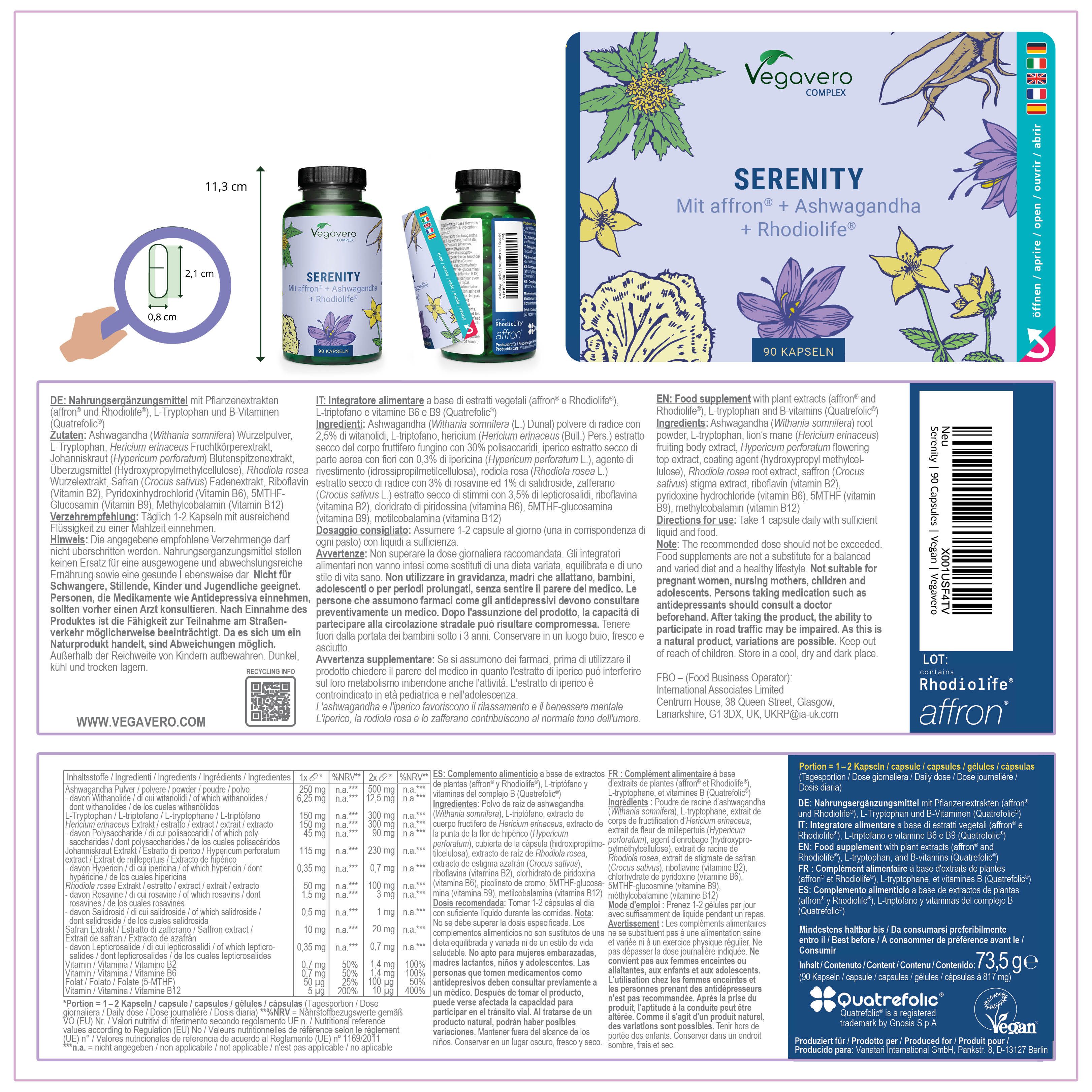 Produktverpackung mit VEGAVERO Serenity. Enthält Flasche und Beipackzettel. Rückseite mit Inhaltsstoffen und Informationen. Mit QR-Code.