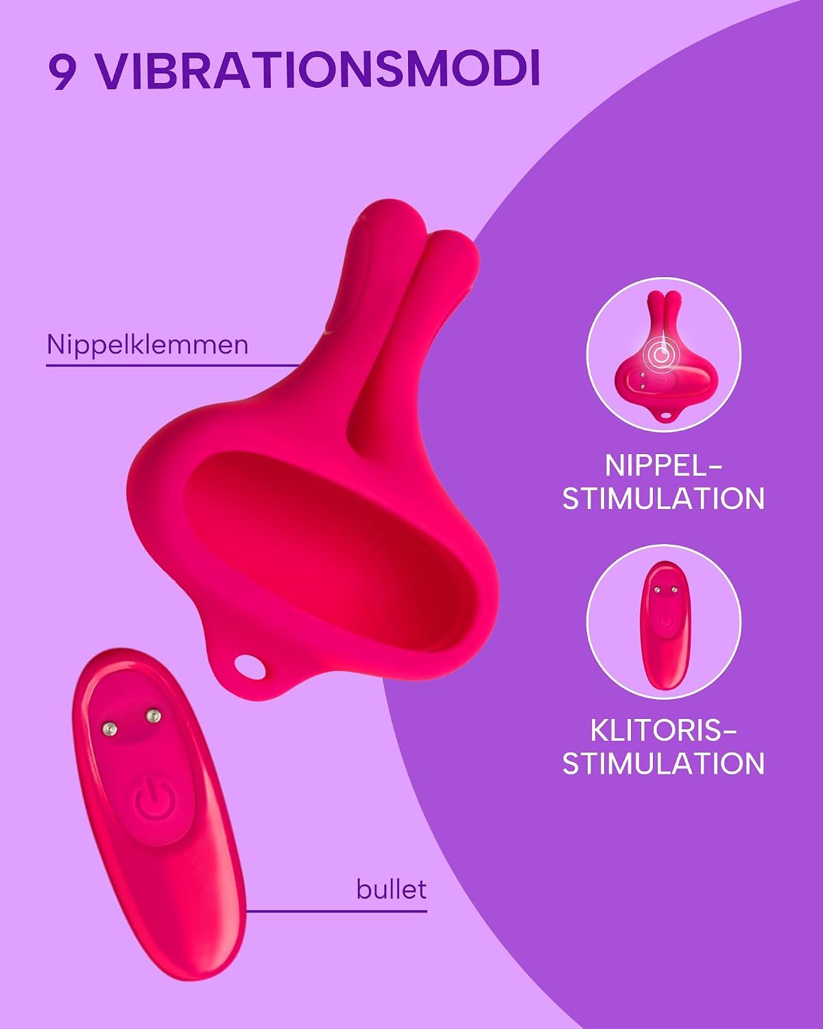 Pinker Vibrator mit zwei Stimulatoren und Fernbedienung.