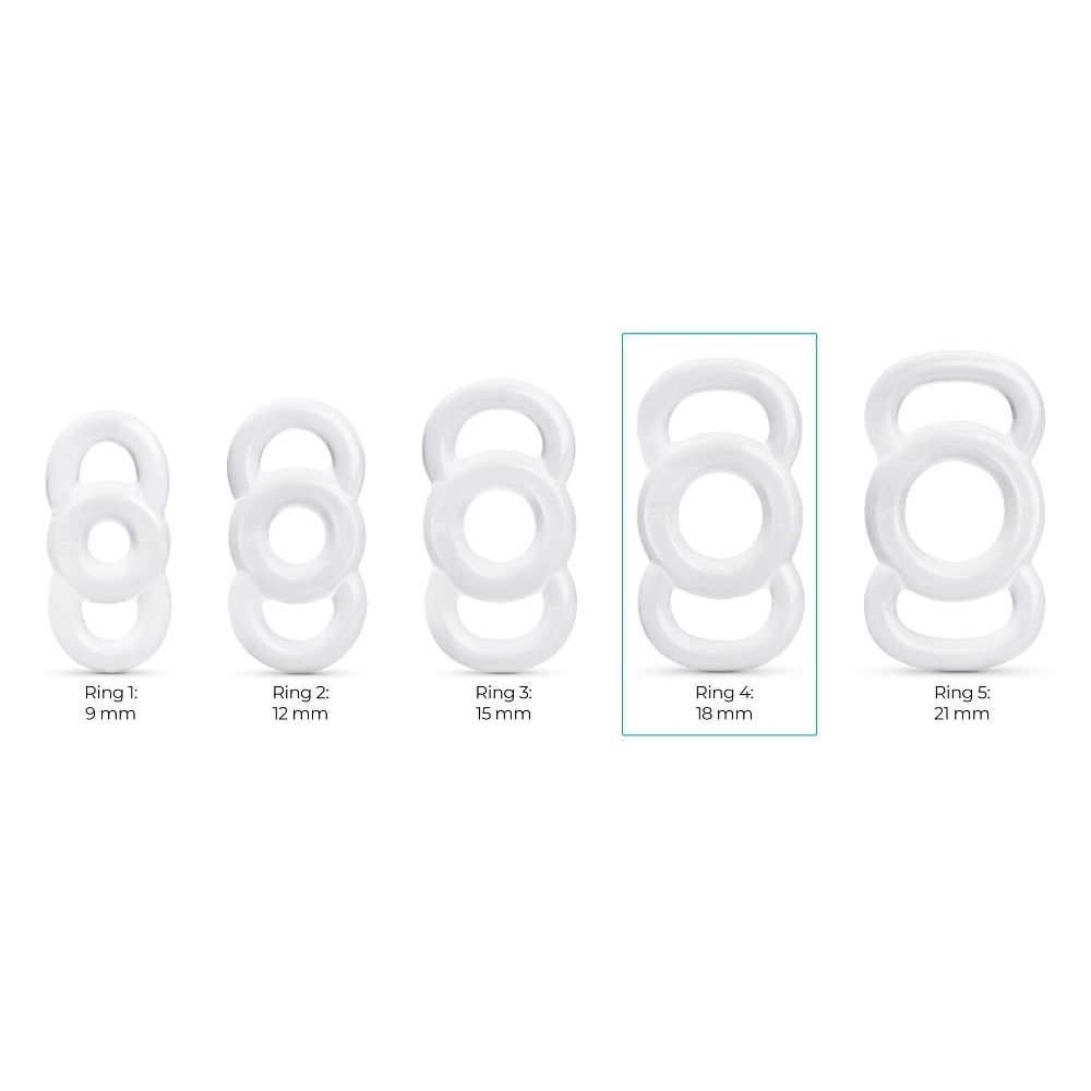 Fünf weiße Produkte mit drei verbundenen Ringen. Größenangaben: 9mm, 12mm, 15mm, 18mm, 21mm. Ring 4 (18mm) hervorgehoben.
