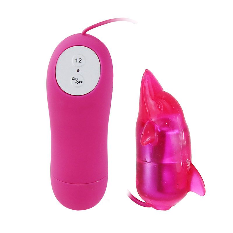 Rosa Vibrator mit Fernbedienung. Der Vibrator hat eine Delfinform. Die Fernbedienung hat einen Ein-/Ausschalter und eine Nummer 12.