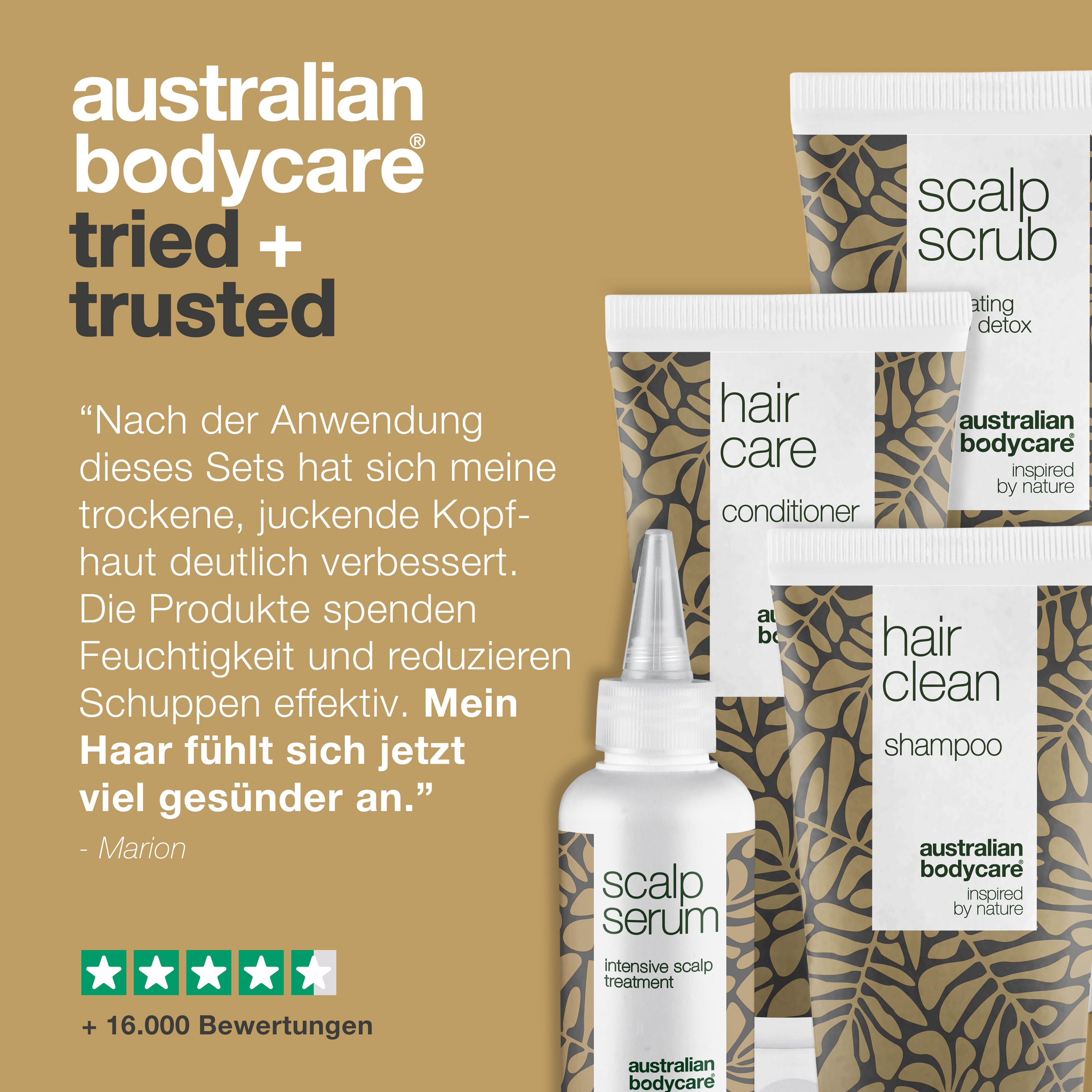 Testimonial. Produkte: Shampoo, Peeling, Conditioner, Serum. Text: trockene Kopfhaut deutlich verbessert. 5 Sterne.