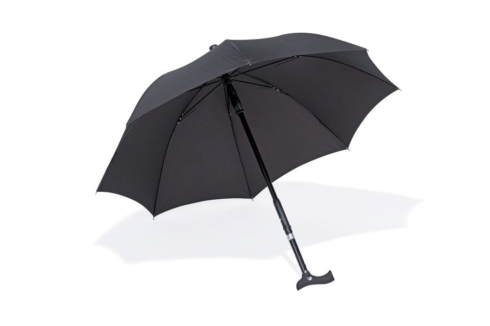 Schwarzer Gehstock-Regenschirm, geöffnet. Schwarzes Dach, gebogener Griff, Stock. Ossenberg-Logo.