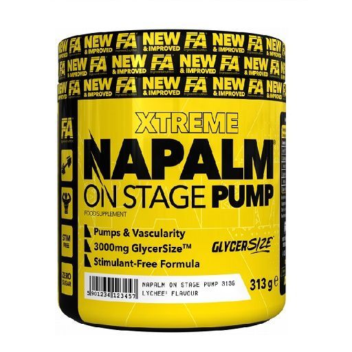 Gelbe Dose mit schwarzer und gelber Beschriftung. Enthält "Xtreme Napalm On Stage Pump" und "313g".