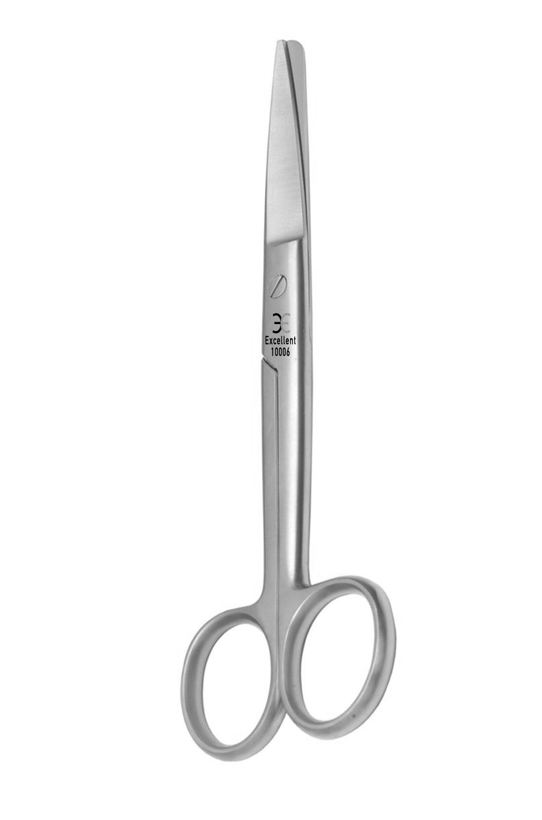 Verbandsschere aus Metall. Stumpfe Schneide. Griffe mit zwei Ösen. Marke "Excellent" und Modellnummer "10006" sichtbar.