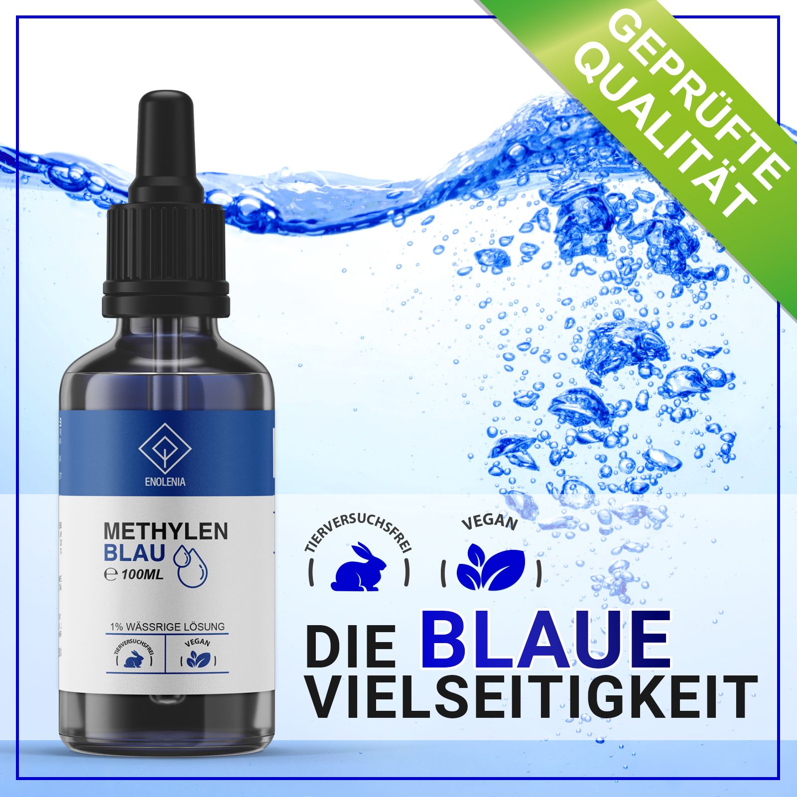 Braunglasflasche mit schwarzem Verschluss. Blaues Etikett mit Produktbezeichnung. Zusätzliche Grafiken und Text auf blauem Hintergrund.