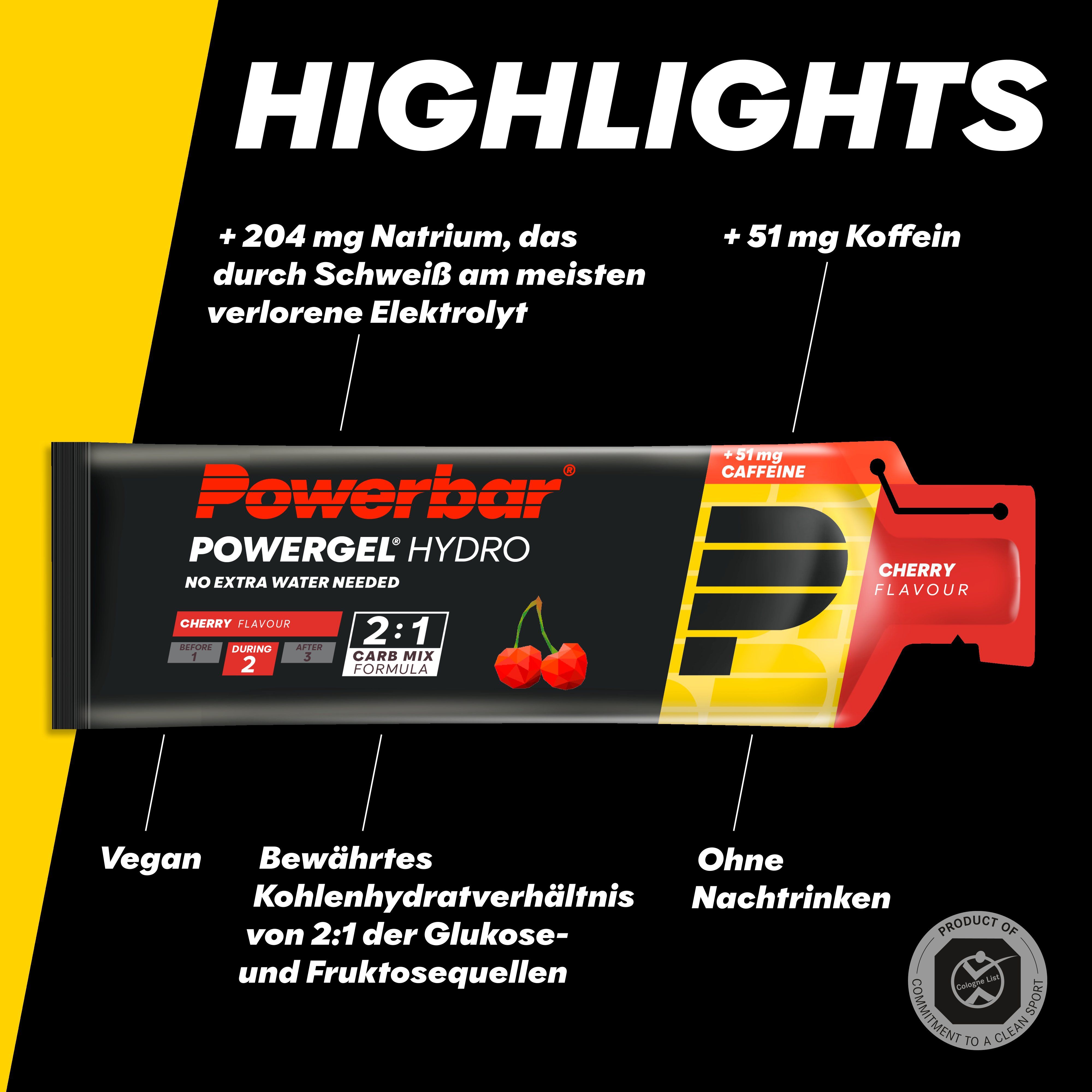 PowerBar PowerGel Hydro, Cherry Flavour, schwarze Verpackung, rote Akzente, Text: 2:1 Carb Mix, +51 mg Koffein, Kirschen.