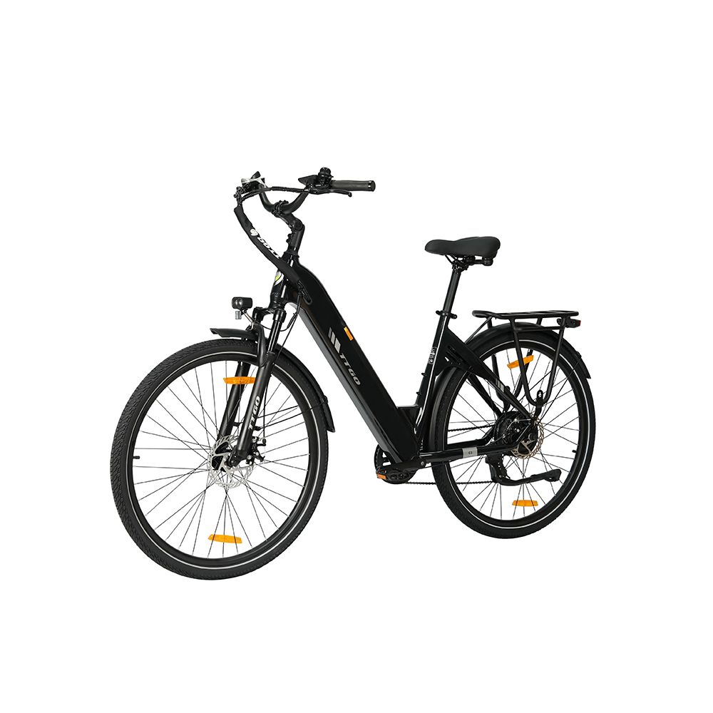 Schwarzes Elektrofahrrad mit Gepäckträger, Schutzblechen und Beleuchtung. TTGO C3 SE.