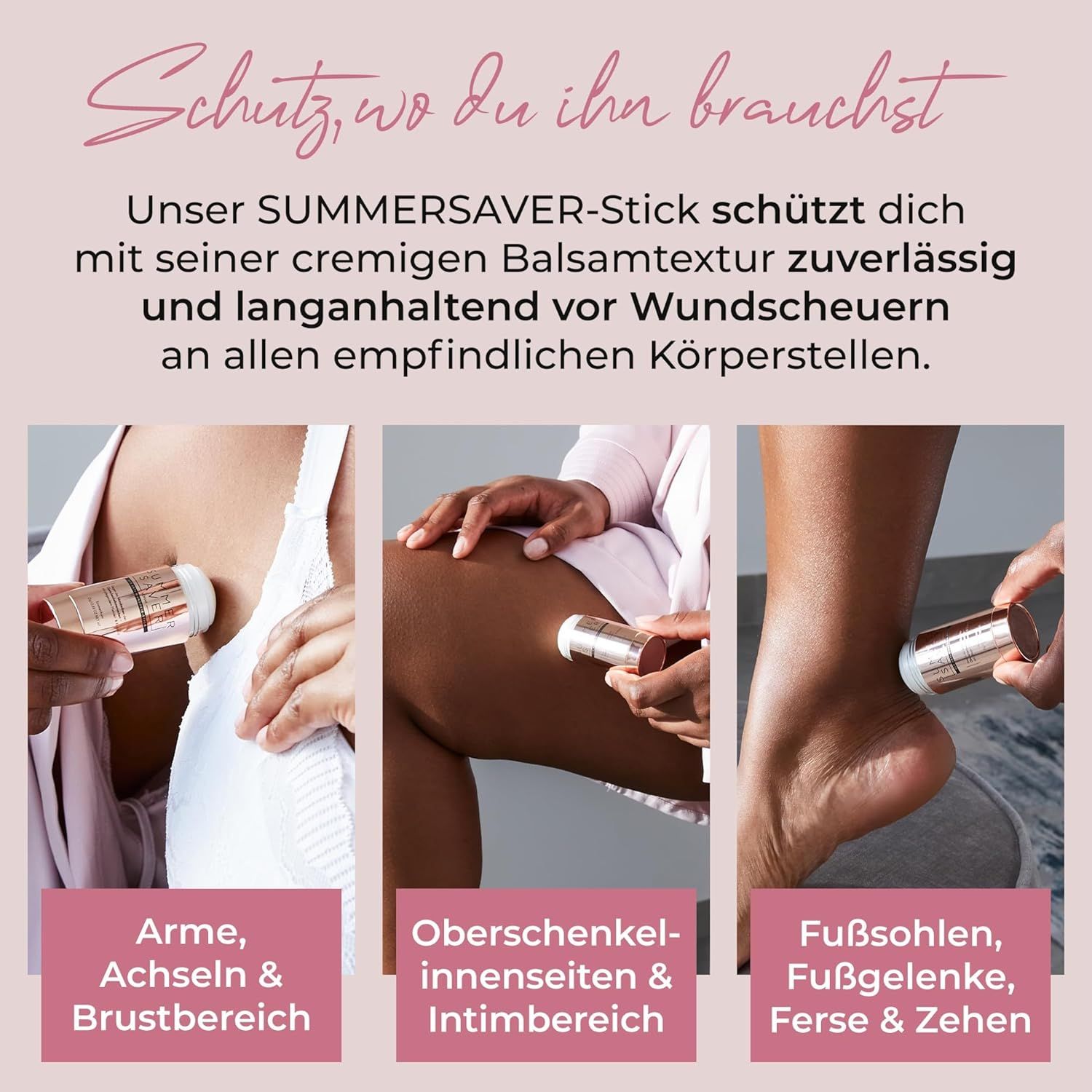 Anwendung des Summersaver Anti-Wundreib-Sticks an Armen, Oberschenkeln und Füßen.