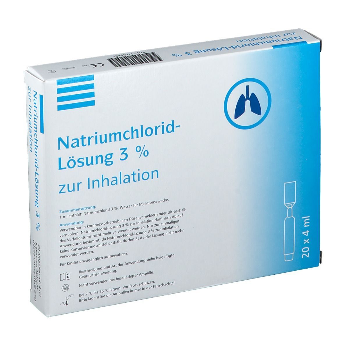 Karton mit Aufschrift Natriumchlorid-Lösung 3% zur Inhalation. Enthält Ampullen. Logo: Lunge. Text und Ampullen abgebildet.
