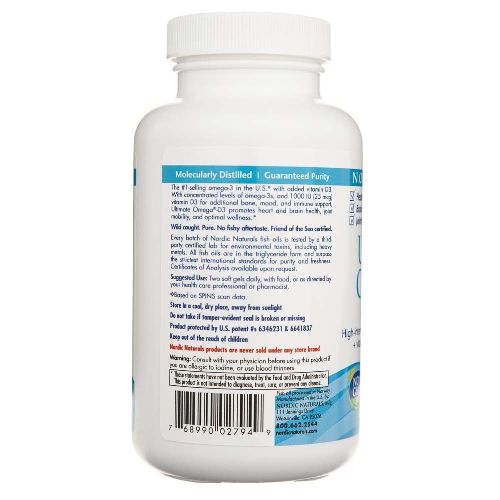 Rückseite der Nordic Naturals Ultimate Omega-D3 Flasche mit Produktinformationen.