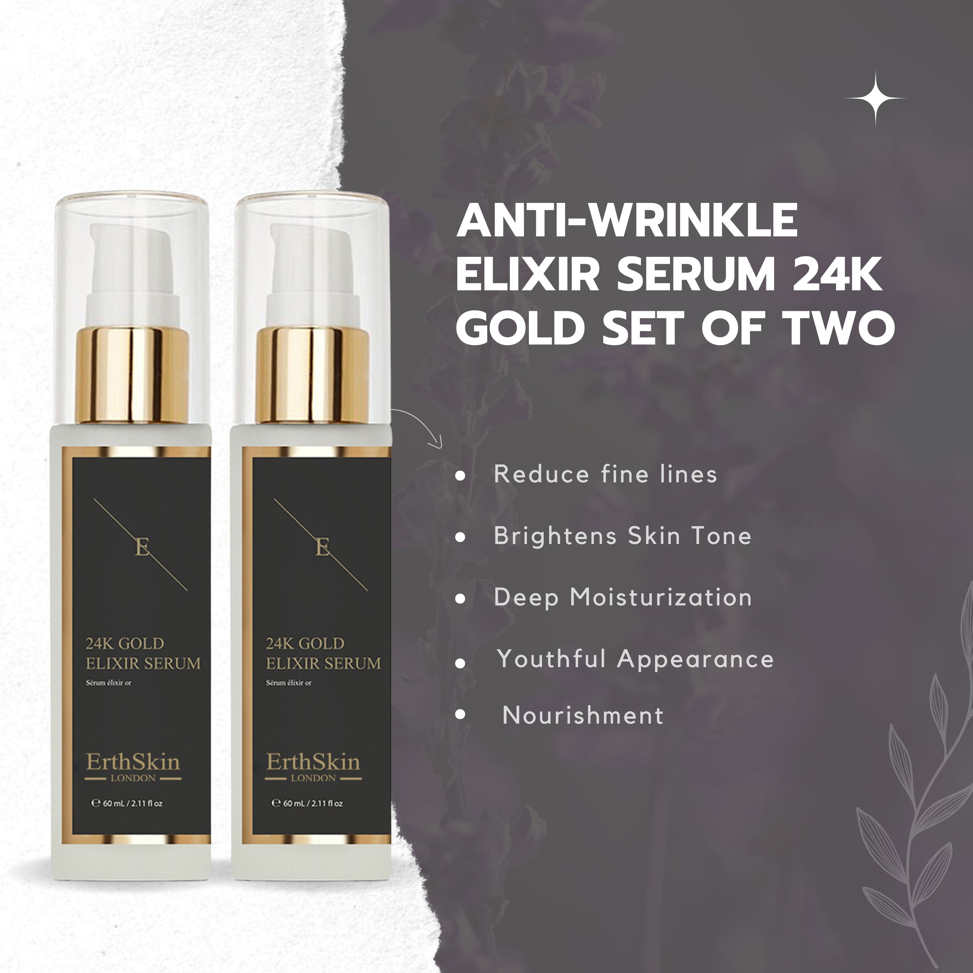 Zwei Serumflaschen mit goldenen Pumpköpfen und schwarzem Etikett. Aufschrift: 24K Gold Elixir Serum, ErthSkin London. Text: Anti-Falten-Elixier-Serum.