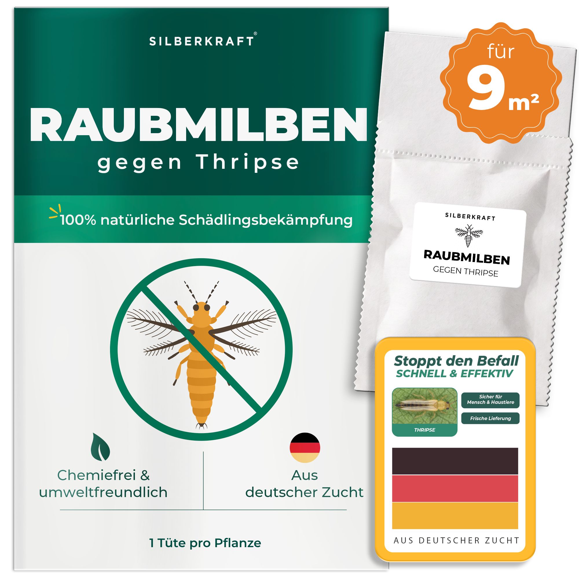 Verpackung für Raubmilben gegen Thripse, mit Aufdruck '100% natürliche Schädlingsbekämpfung' und 'Chemierei & umweltfreundlich'.
