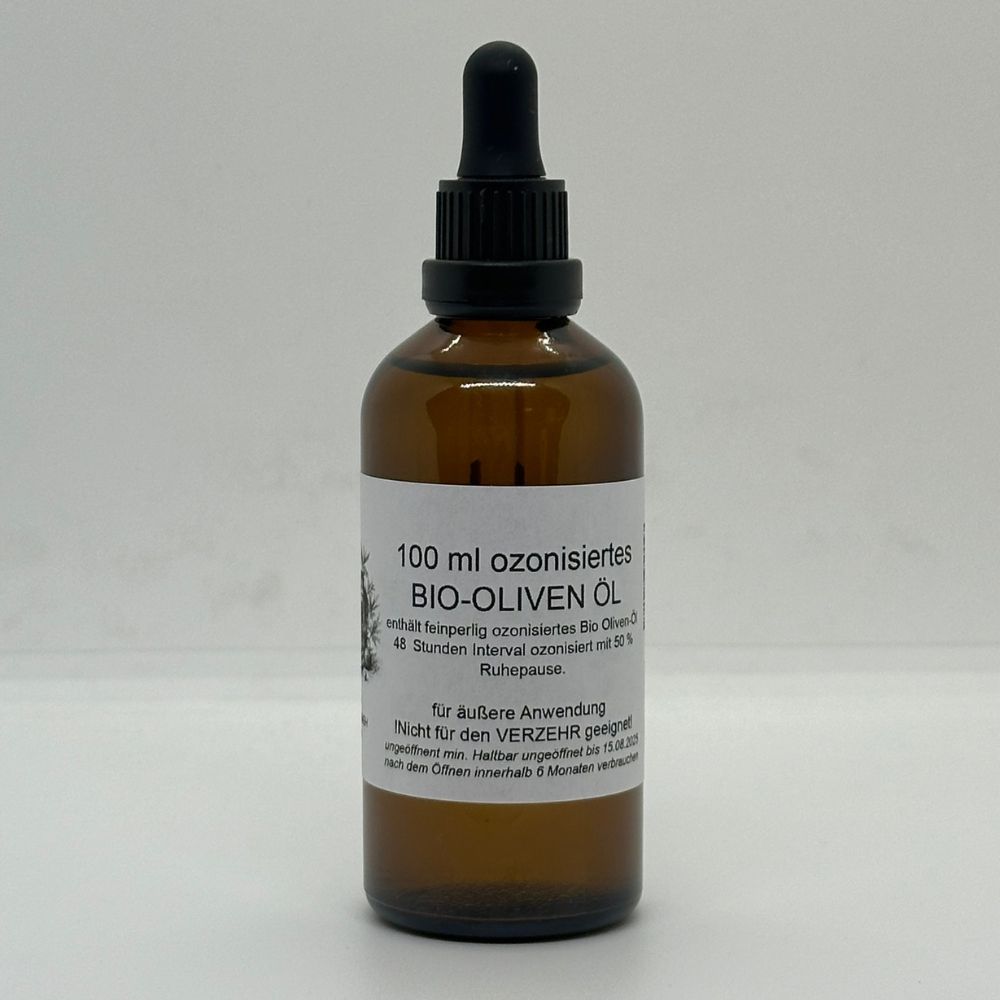 Braune Glasflasche mit schwarzem Tropfer. Etikett mit Text: BIO-OLIVEN ÖL, 100 ml. Für äußere Anwendung.