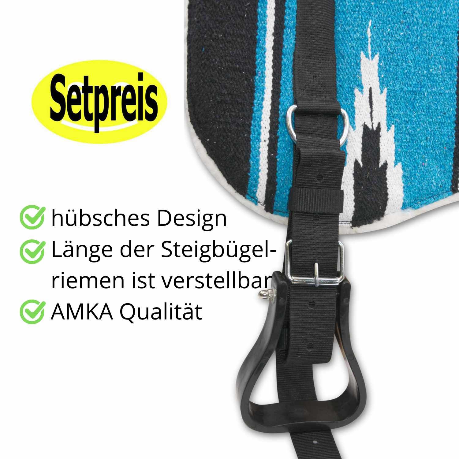 Nahaufnahme eines Bareback Pads. Text: hübsches Design, Länge der Steigbügelriemen ist verstellbar, AMKA Qualität.