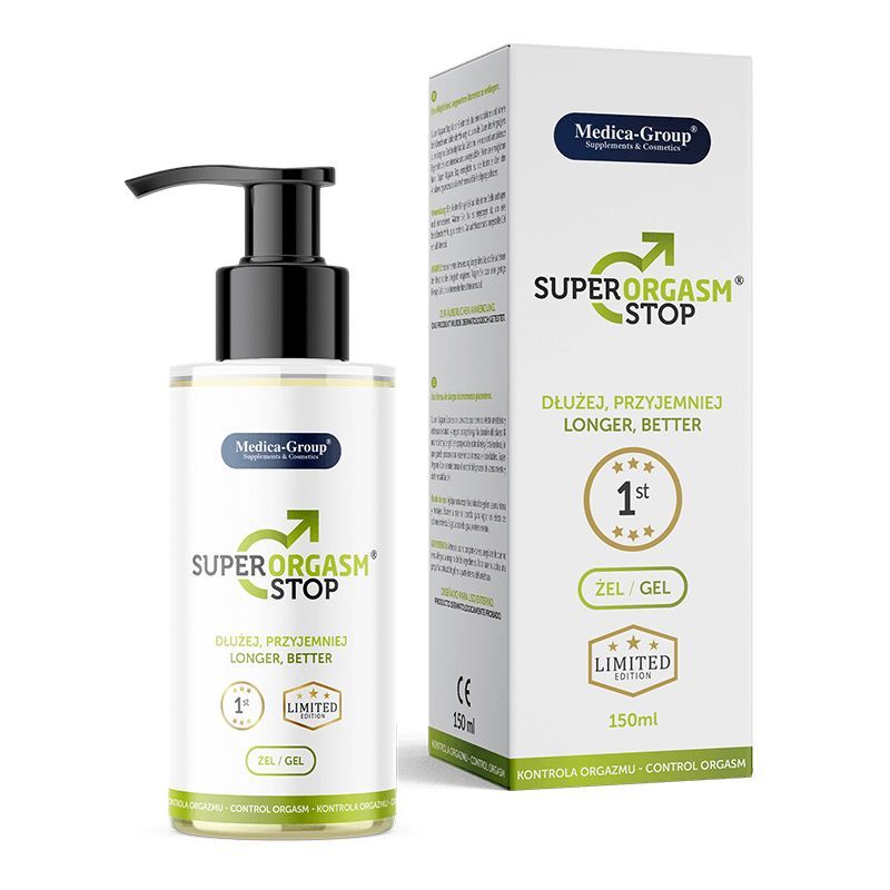 Medica-Group Super Orgasm Stop Intimgel für Männer, 150ml Flasche mit Pumpspender und Karton.