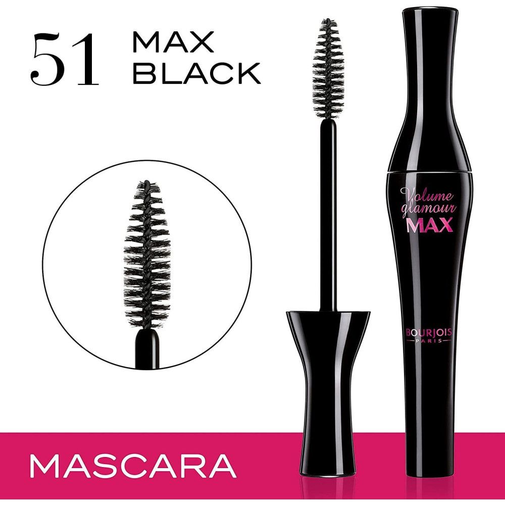 Schwarze Mascara-Tube und Bürste. Aufschrift: Max Black. Vergrößerte Bürste im Kreis.