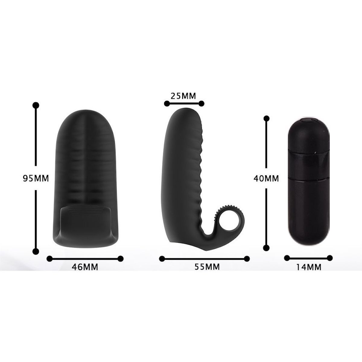 Drei schwarze Fingerhandschuh-Vibratoren mit Maßangaben: 95x46mm, 55x25mm, 40x14mm.