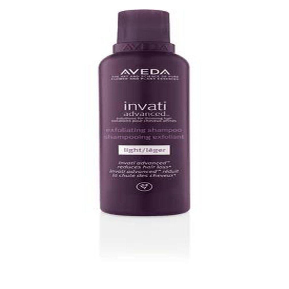 Dunkelviolette Flasche mit Aveda-Logo und Invati Advanced-Schriftzug. Exfolierendes Shampoo, light/léger. Vegan-Symbol.