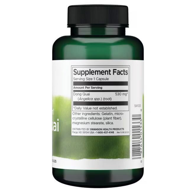 Rückseite der grünen Flasche. Etikett mit Nährwertangaben: Dong Quai, 530 mg. Weitere Inhaltsstoffe. Herstellerinformationen.