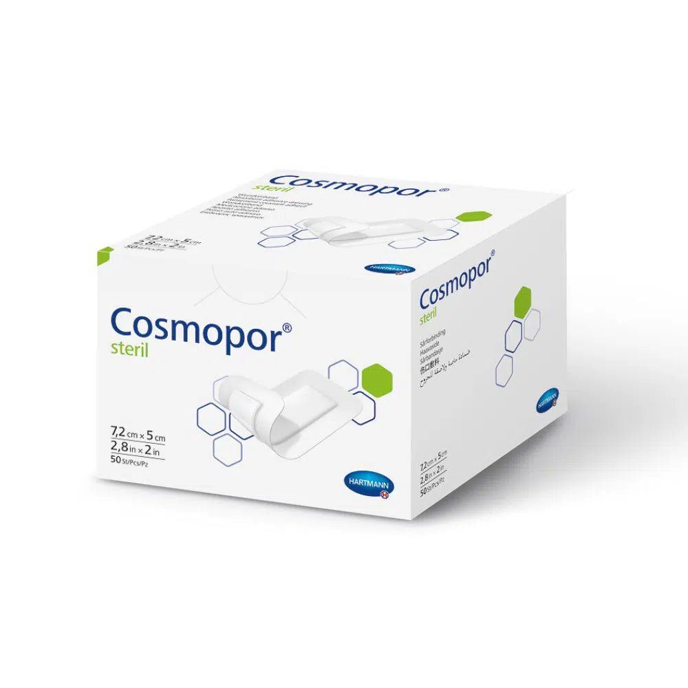 Weiße Verpackung von Cosmopor steril. Aufdruck: Produktabbildung, Größenangaben, Logo, und Schriftzug. 50 Stück.