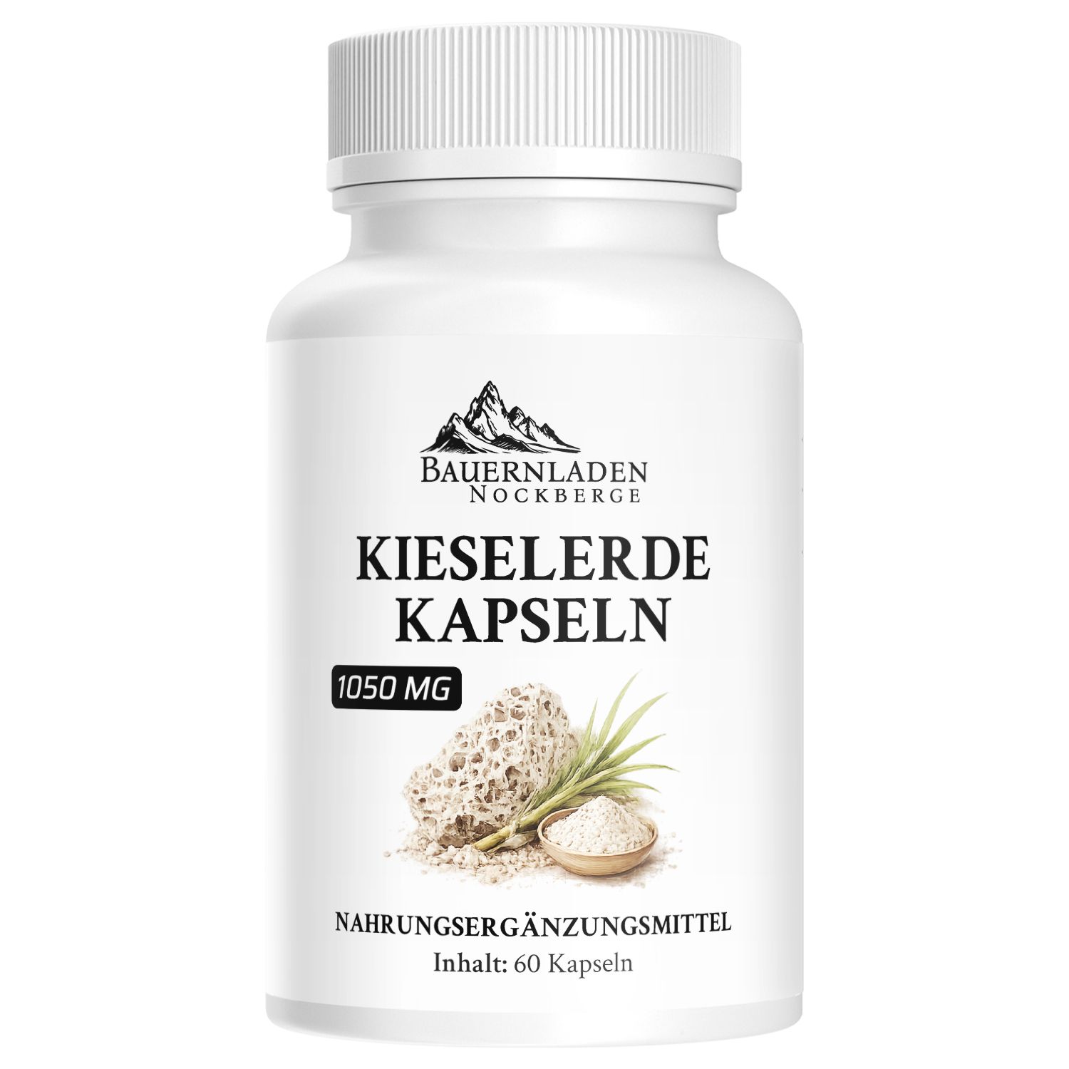 Weiße Kapsel mit Bauernladen Nockberge Logo, zeigt Kieselerde Kapseln 1050 mg.