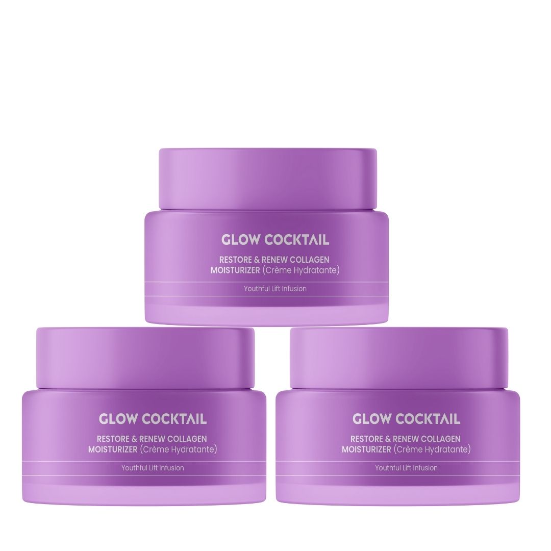 Drei lila Tiegel. Auf jedem steht "GLOW COCKTAIL", "RESTORE & RENEW COLLAGEN MOISTURIZER".