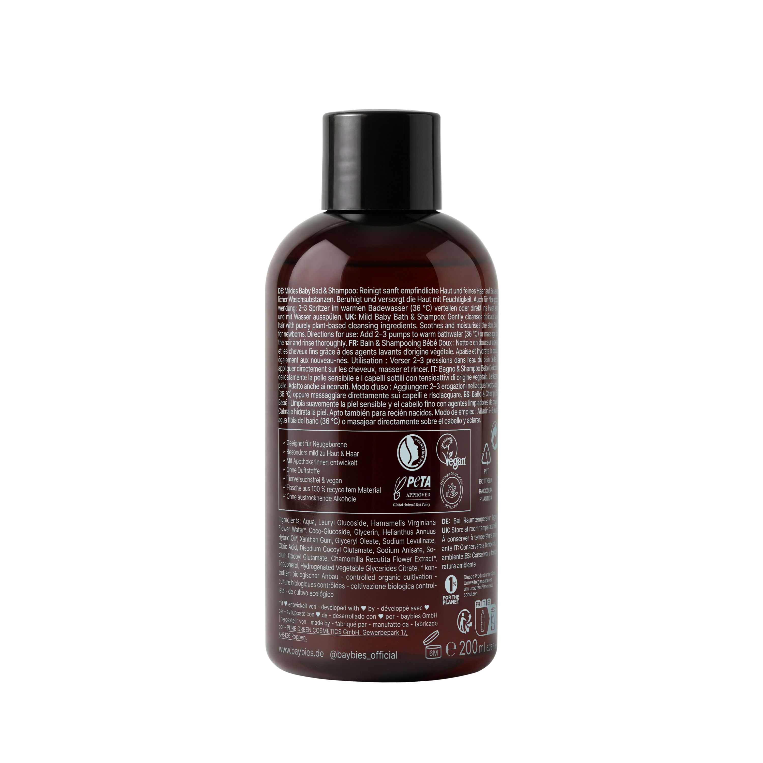 Rückseite einer Baybies Baby Bad & Shampoo Flasche mit Inhaltsstoffen und Zertifizierungen.