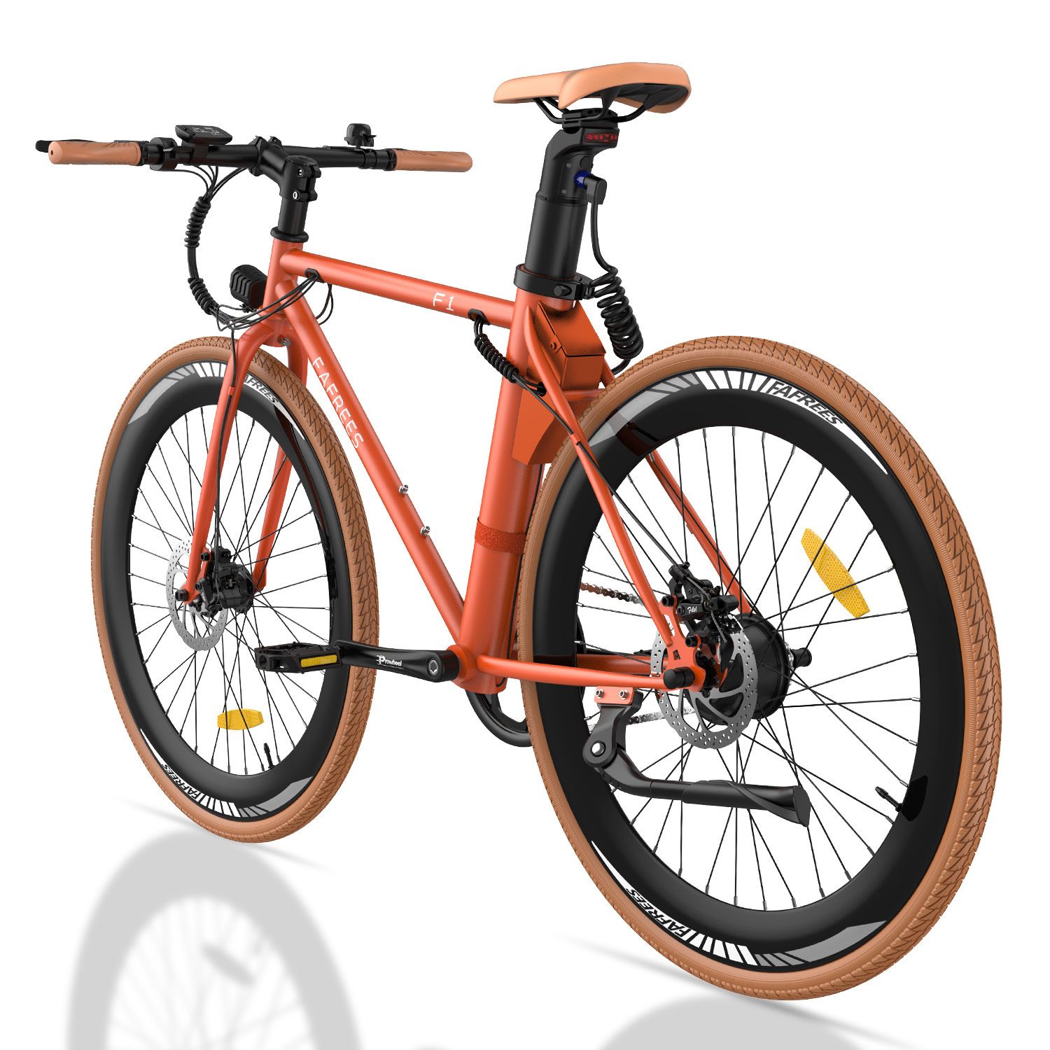 Orangefarbenes Elektrofahrrad mit braunen Reifen und Sattel. Fafrees-Logo und F1-Modellbezeichnung sichtbar.
