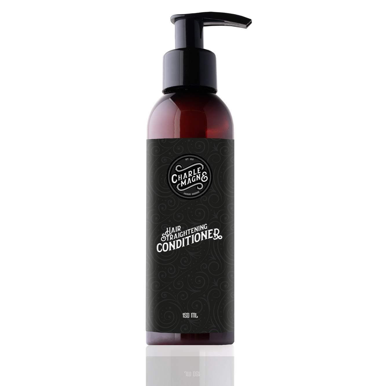 Braune Flasche mit schwarzem Pumpkopf. Aufschrift: Hair Straightening Conditioner. Marke: Charlie Magne.