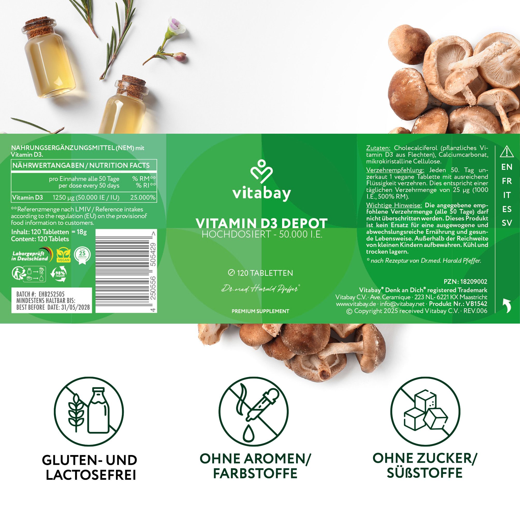 Etikett mit Nährwertangaben und Texten. Symbole für gluten-, lactosefrei, ohne Aromen/Farbstoffe, ohne Zucker/Süßstoffe.