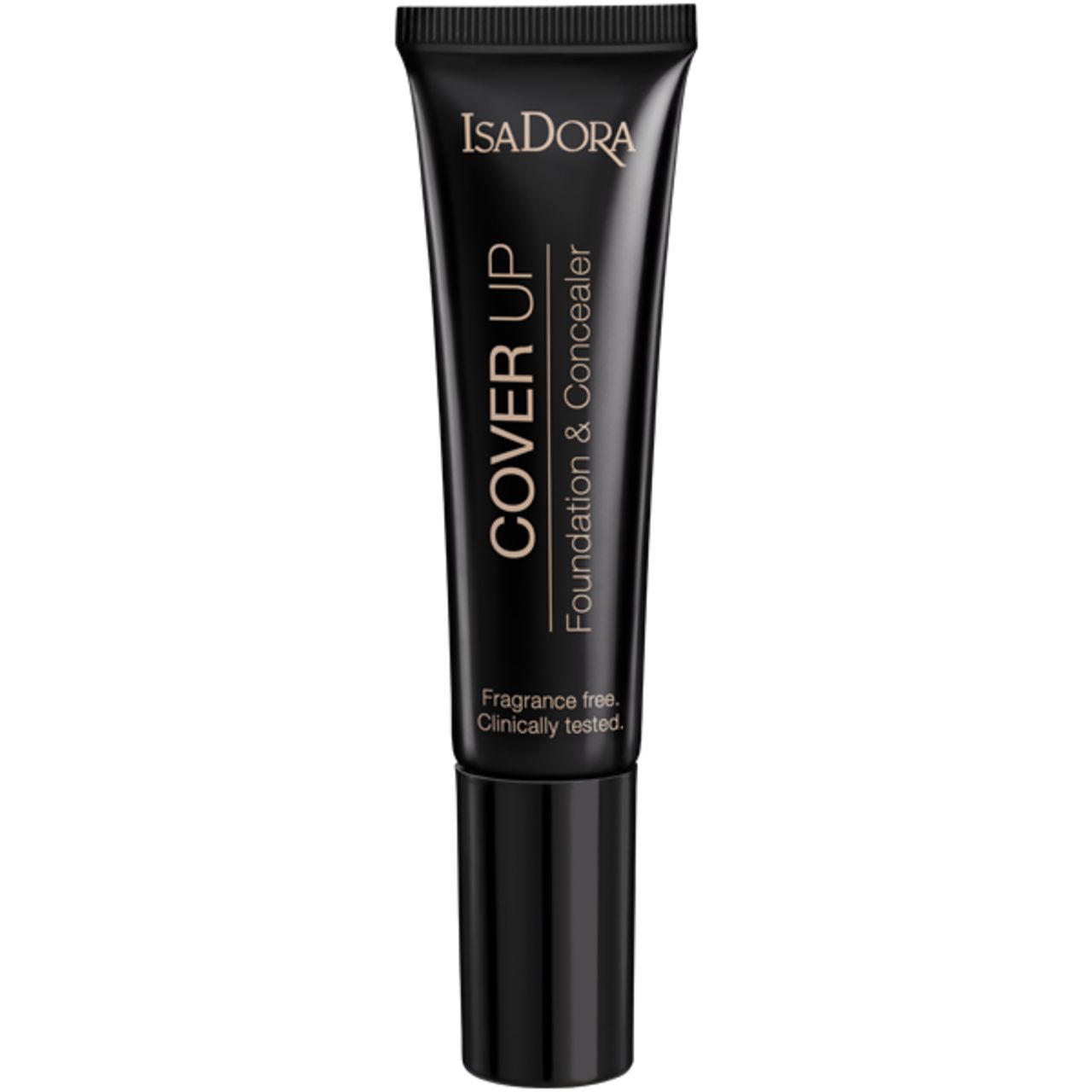 Schwarze Tube IsaDora Cover Up Foundation & Concealer. Text: Fragrance free, Clinically tested.