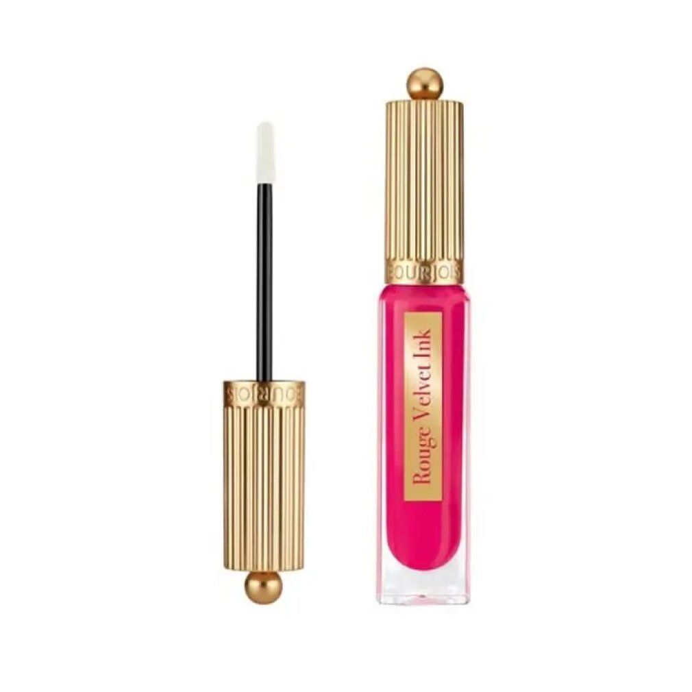 Bourjois Rouge Velvet Ink Lippenstift, 07 Fuchsia Cha Cha, goldene Kappe, Applikator daneben.