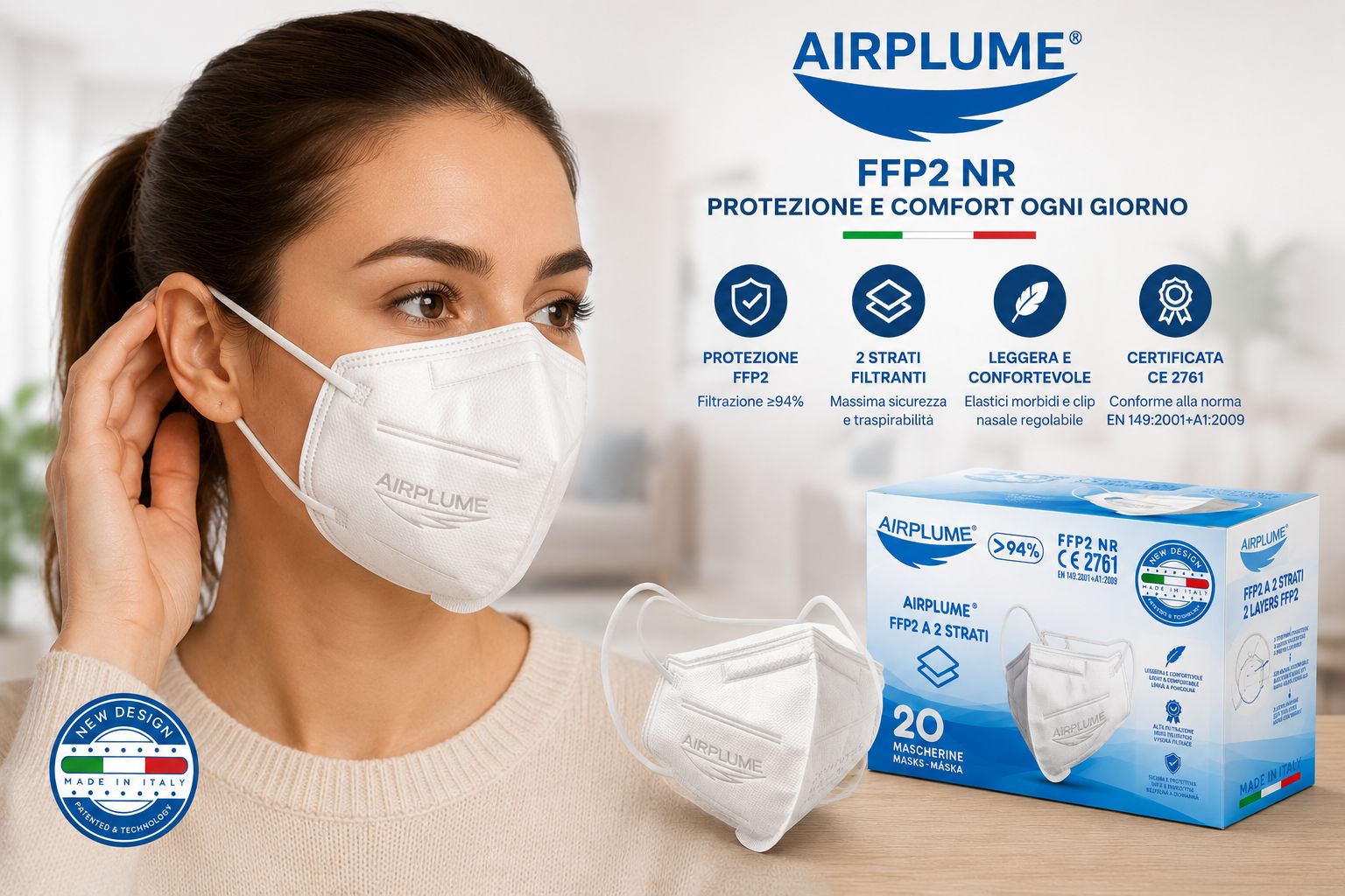 Frau trägt weiße FFP2-Maske mit "AIRPLUME"-Logo. Mehrere Masken und Verpackung sichtbar.