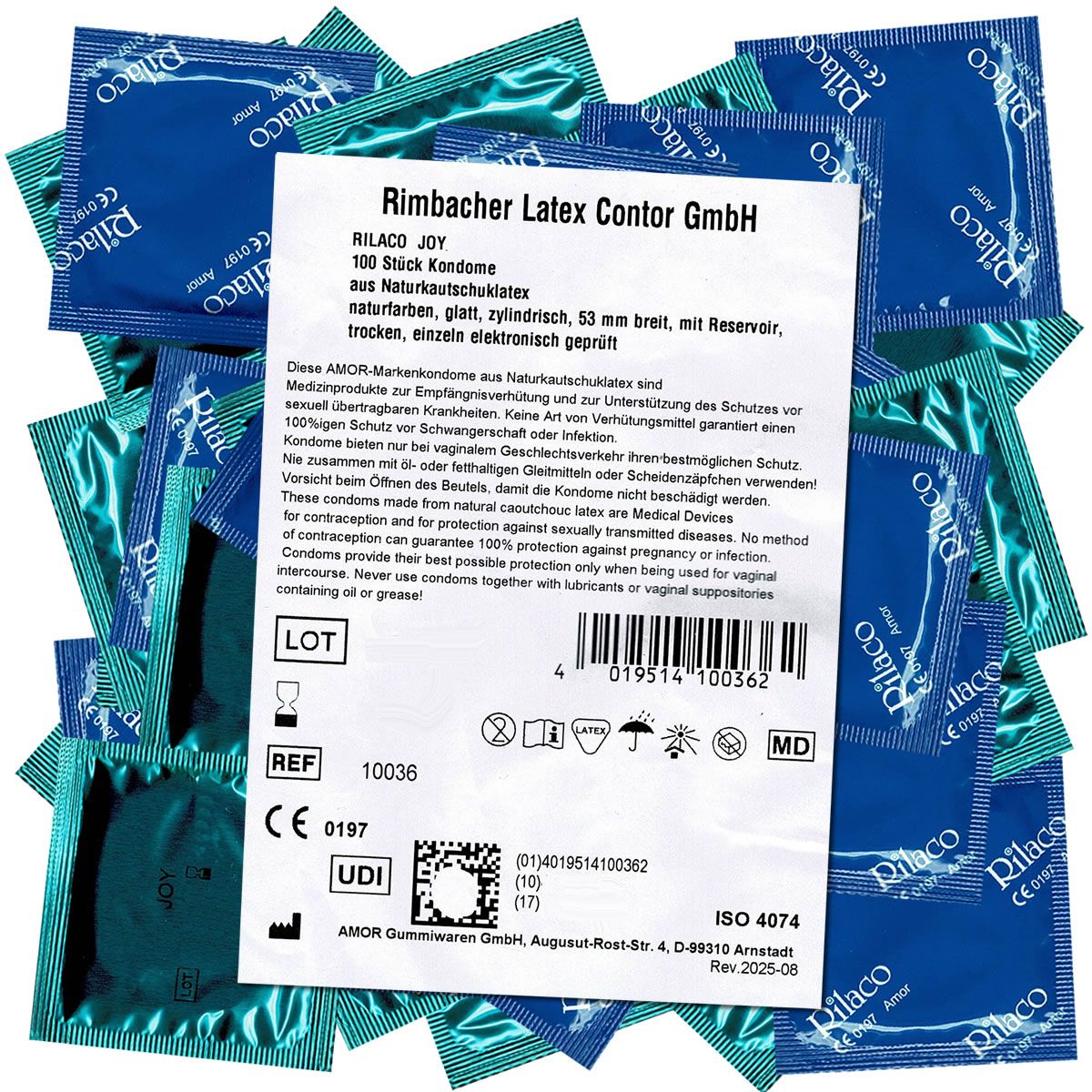 Mehrere Kondome in blauen und grünen Verpackungen. Aufdruck: Rilaco Joy, 100 Stück, CE-Kennzeichnung, ISO 4074.