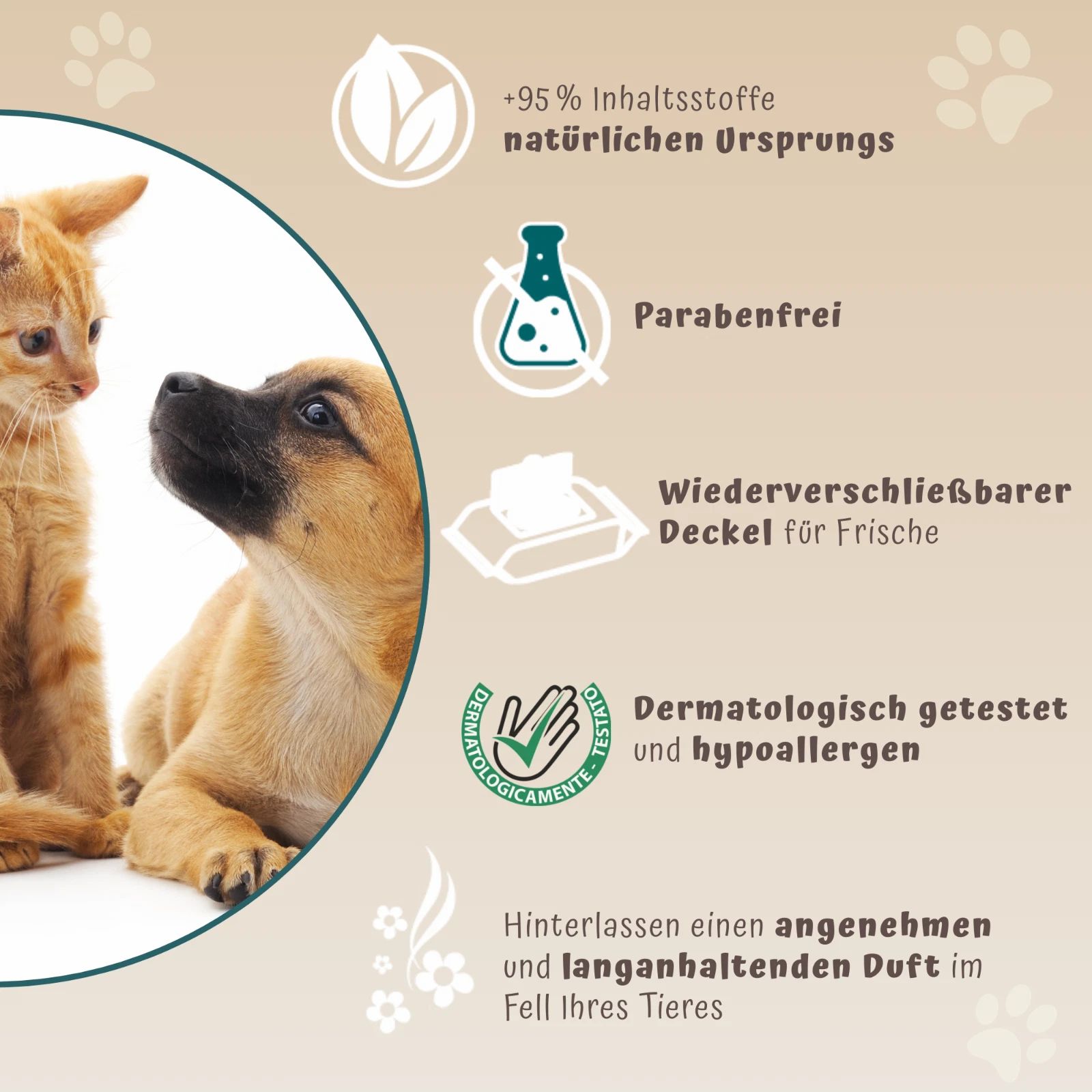 Produktinformationen: +95% Inhaltsstoffe natürlichen Ursprungs, parabenfrei, wiederverschließbarer Deckel, dermatologisch getestet. Katze und Hund.
