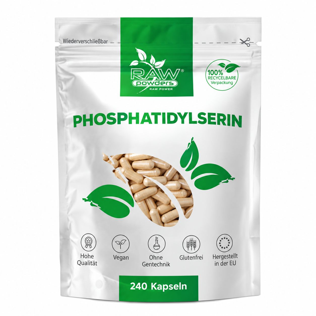 Raw Powders Phosphatidylserin Beutel, 240 Kapseln, 100% recycelbare Verpackung.
