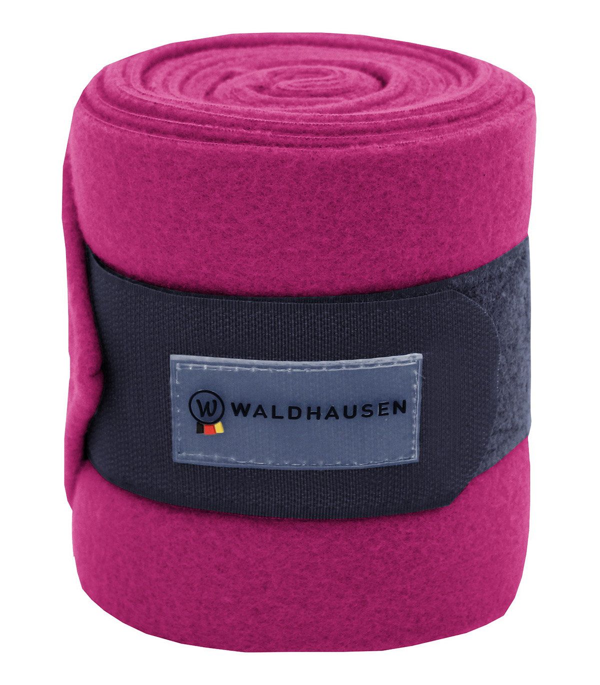 Gerollte pinkfarbene Fleecebandagen mit dunkelgrauem Klettverschluss. Waldhausen-Logo.