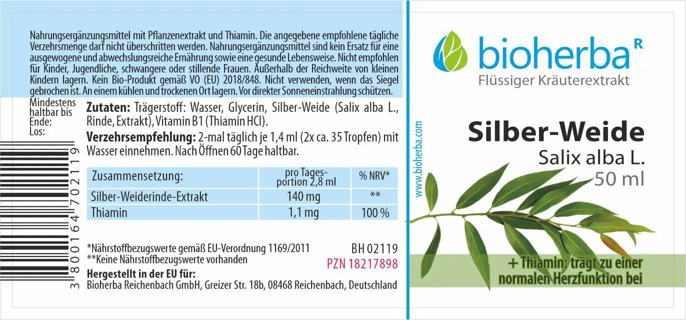 Etikett mit Produktnamen, Logo und Blättern. Text: Silber-Weide, Salix alba L. Enthält Informationen zu Inhaltsstoffen und Nährwerten.