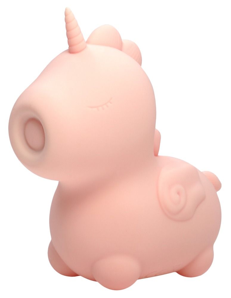 Rosa Einhorn-Vibrator. Rosa, mit geschlossenen Augen. Flügel und Horn.