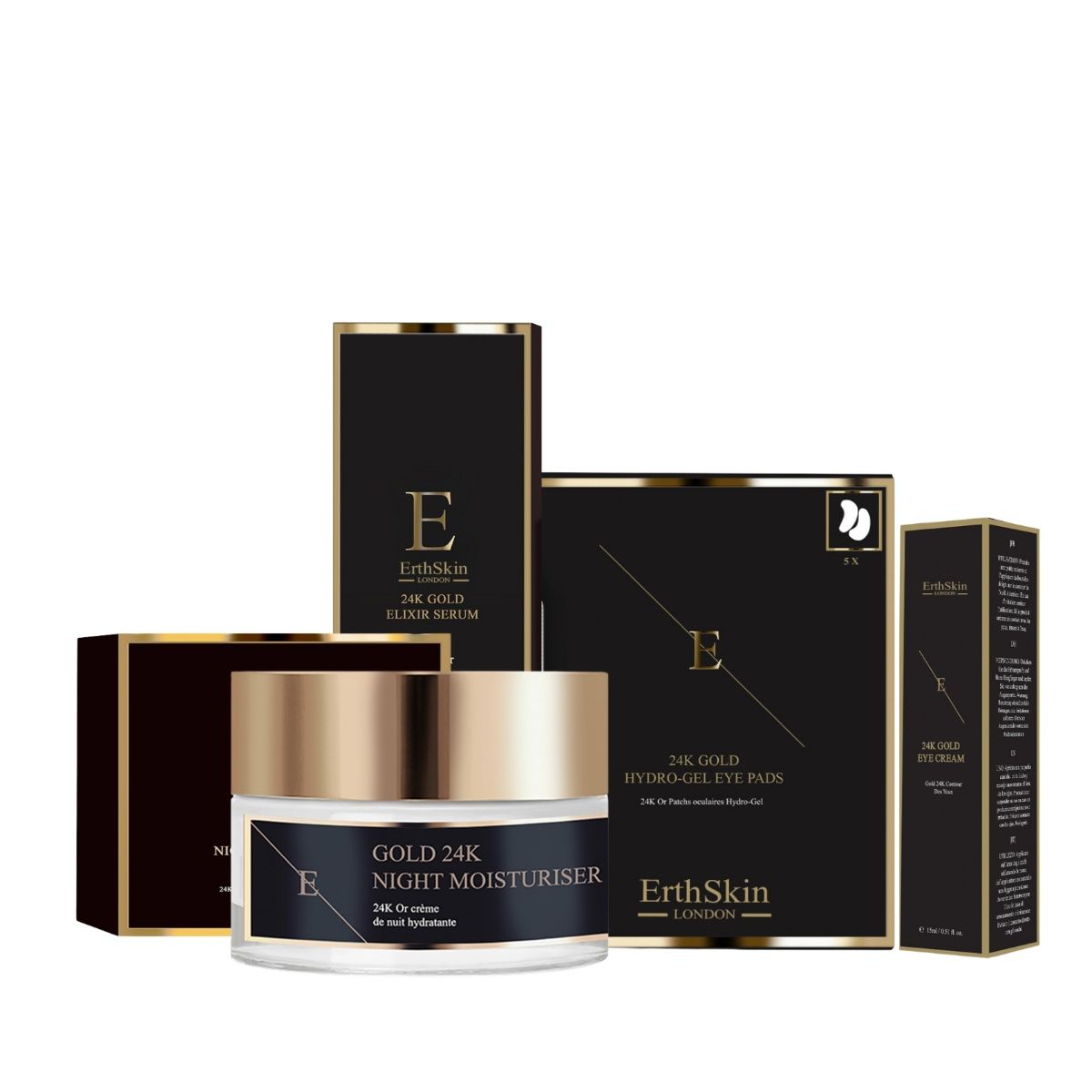 ErthSkin London Elixier-Serum + Feuchtigkeitscreme für die Nacht + Augencreme + Unter-Augen-Patch